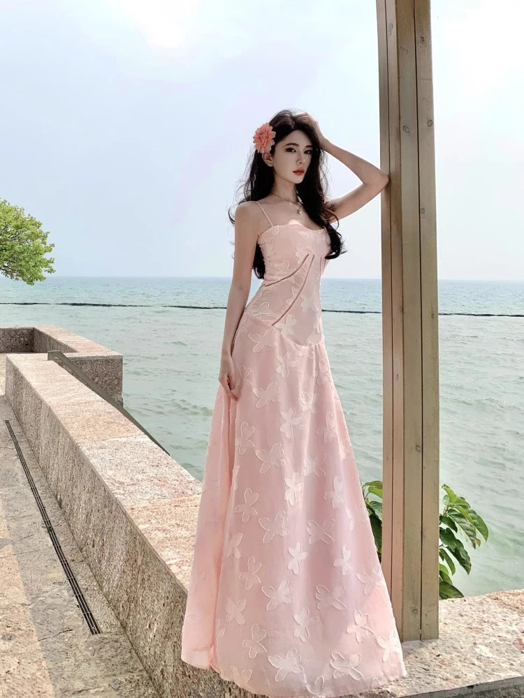 REDDACHiC Abito da donna con ricamo floreale Abito con lacci testurizzato cavo e svasatura Abito da festa maxi lungo Abiti estivi da sposa