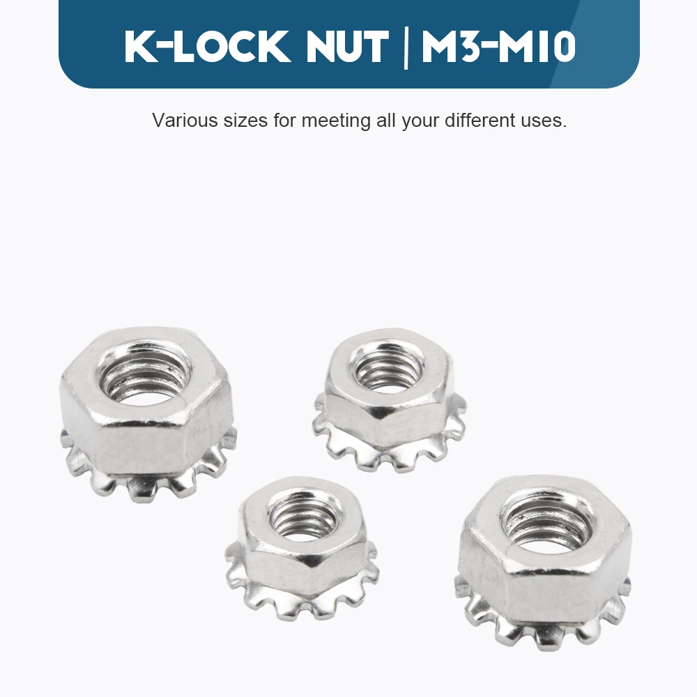 HOWSHENG 10-20pcs K Nuts with External Tooth Washer M3 M4 M5 M6 M8 Stainless Steel Kep Nuts K-Lock Nuts