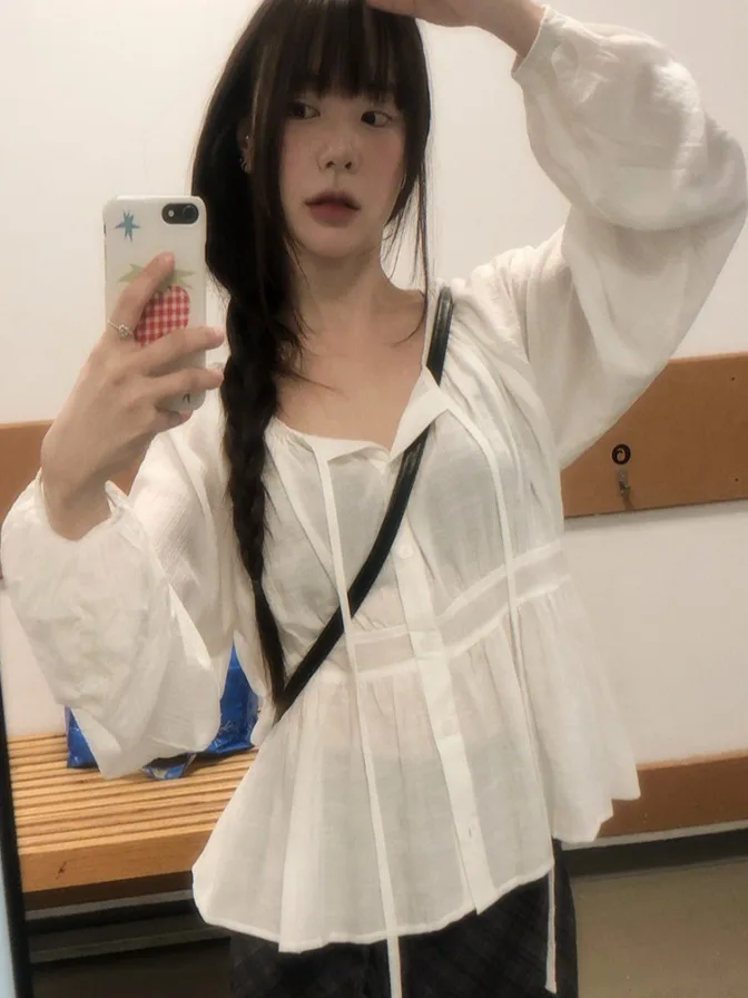 

Early Autumn New Sle Women's Korean Loose Lantern Sve irt with Belt Bow Tie Chiffon Blouse Super Fairy T irt