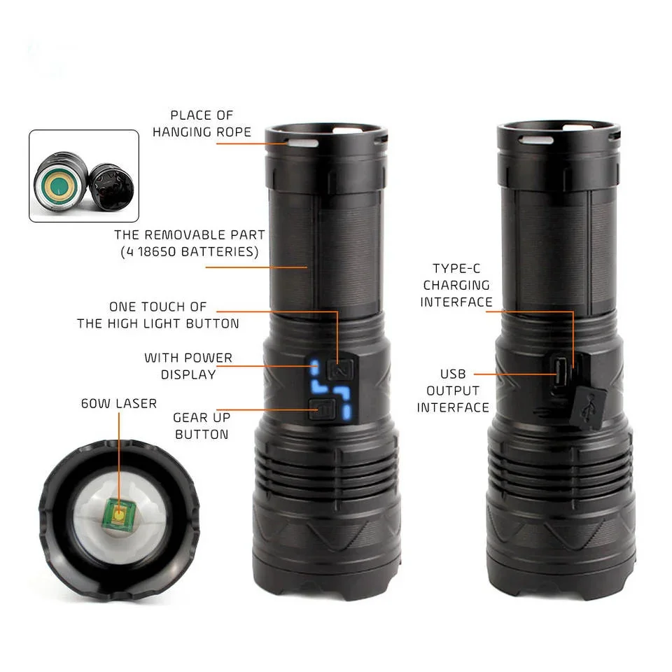 Powerful LED Flashlight Super Bright Spotlight Long Range Zoomable Emergency Lantern Outdoor Camping Torch Power Display