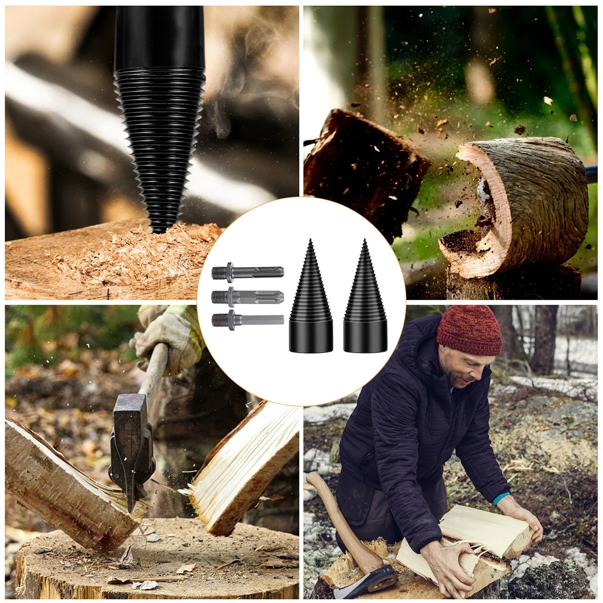 

1 Set Firewood Log Splitter Cones Wood Splitting Bit Drill Screw Cone Steel High Hardness For Oak Hickory Walnut
