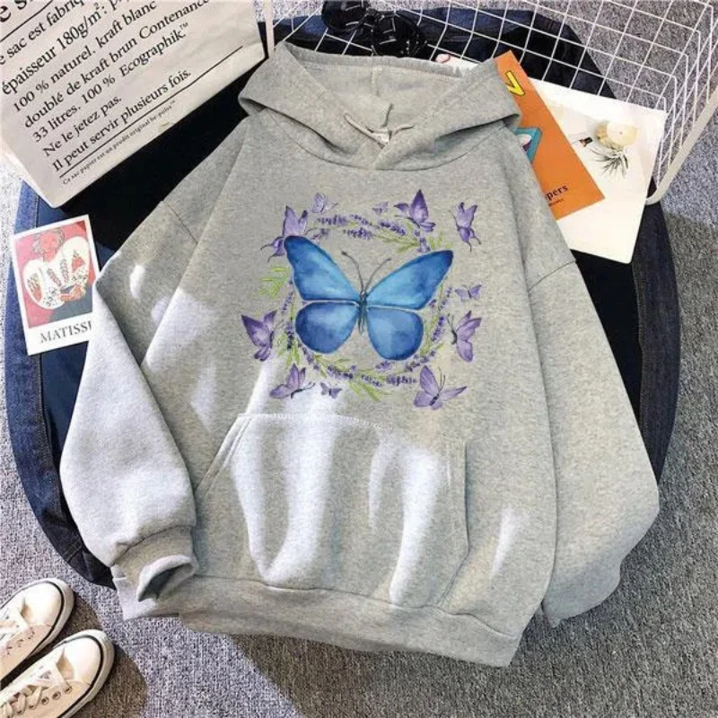 Fashion Butterfly Printed Hoodie Autumn/Winter Casual Hooded Long Sleeve Pullover Sweatshirt