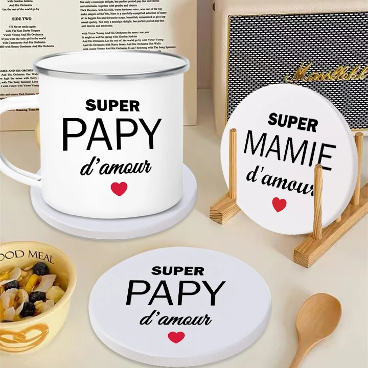 Super Papy Super Mamie Print Coaster Insulation Non-Slip Mats Anti-Scald Mat Coffee Drink Cup Pad Grandmother Grandfather Gifts