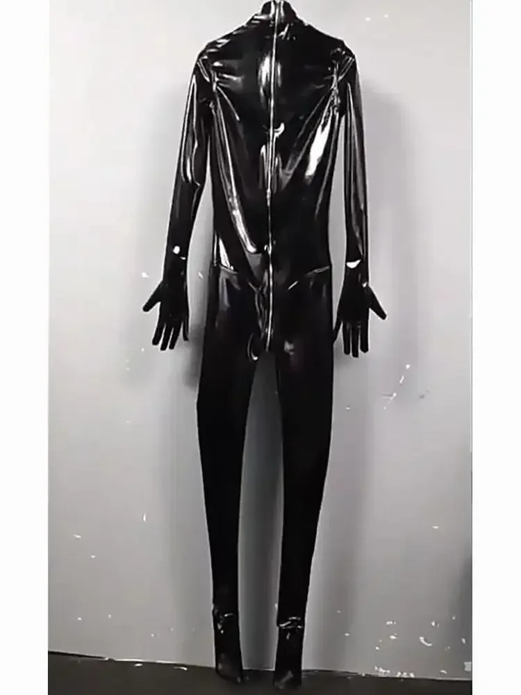 Catsuit em formato de peito molhado, pvc, dedo separado, bodystocking, couro pu brilhante, 3 zíperes, virilha aberta, collant