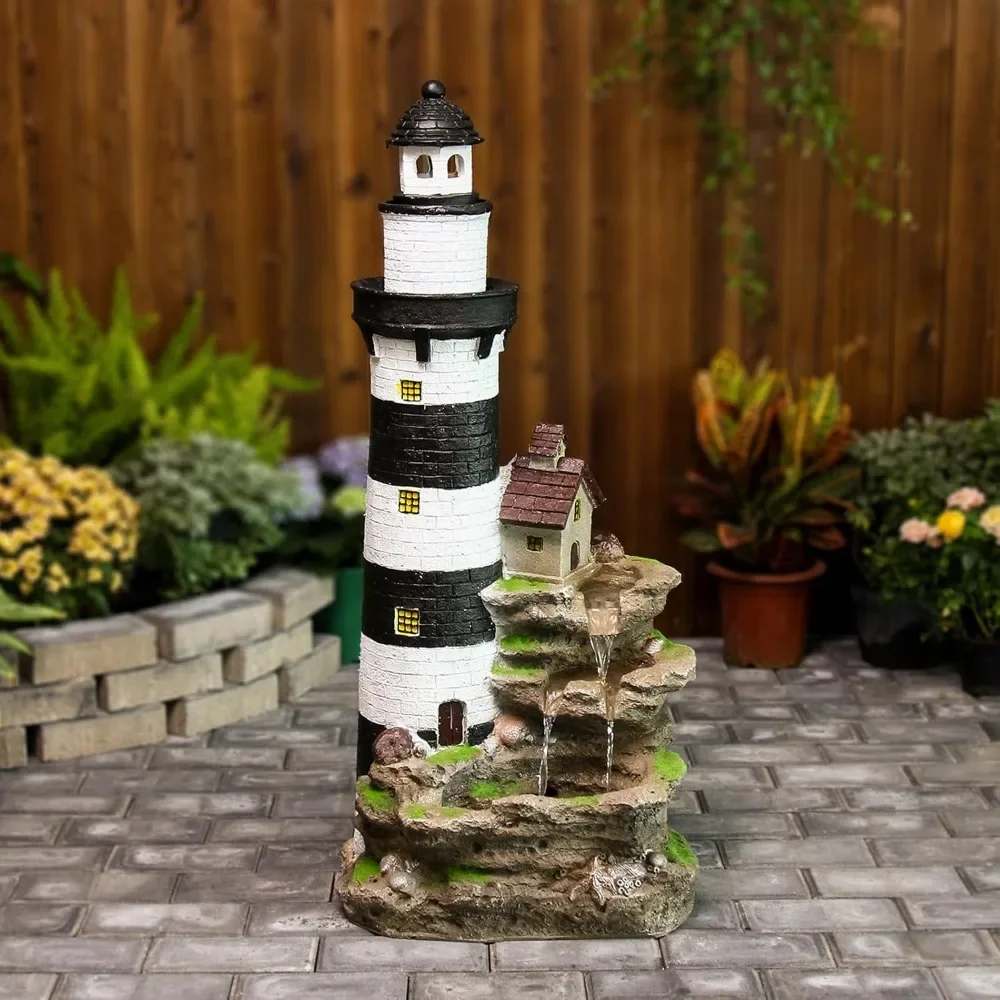 

38.58" H Lighthouse Floor Waterfall Fountain with LED Lights 3-Tiered Rock Water Fountain Outdoor Garden for Patio Backyard Home