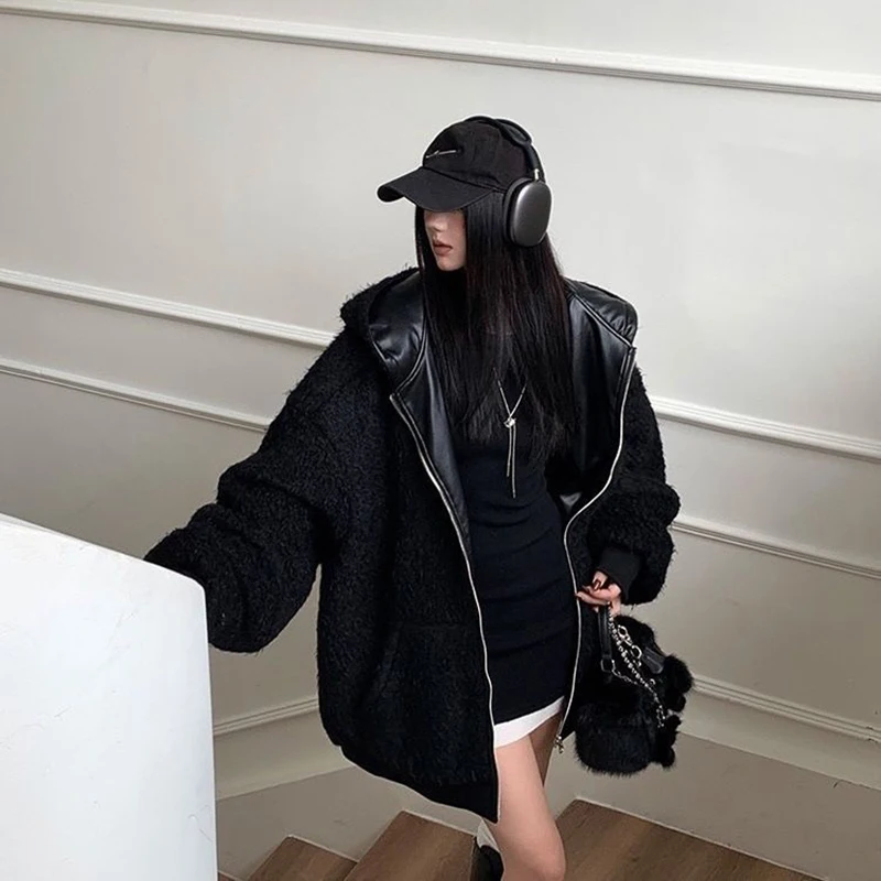 Black Faux Lambs Pu Jacket Women Y2K Winter Warm Loose Zipper Hooded Coats Streetwear Double Sided Wear All Match Outerwear New