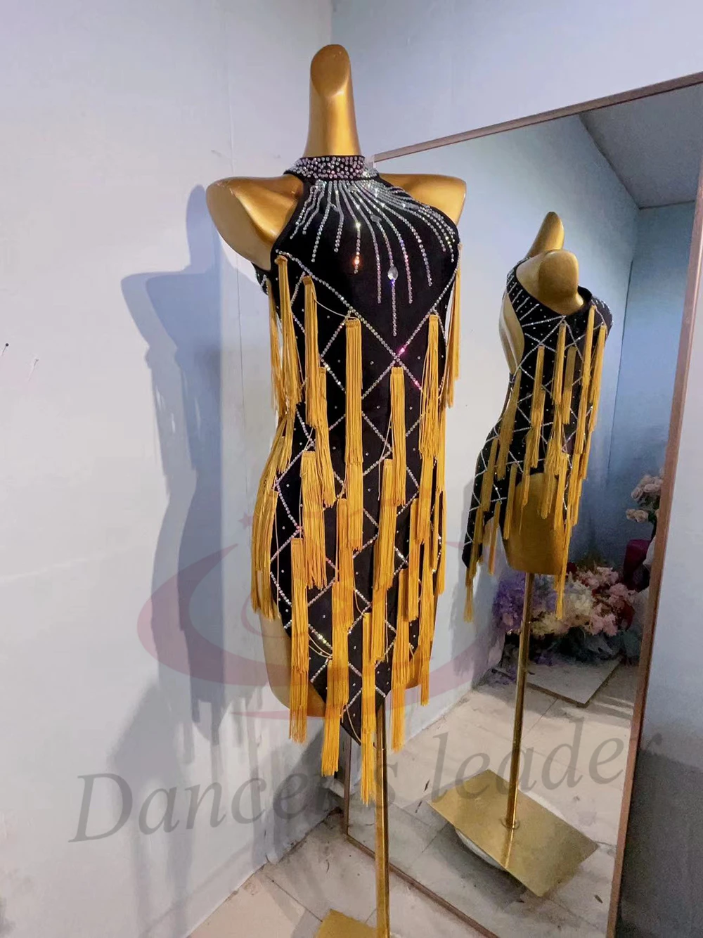 Vestido de dança latina adulto e infantil ab pedra high-end personalizado sem mangas borla vestido floral cha cha tango roupas femininas