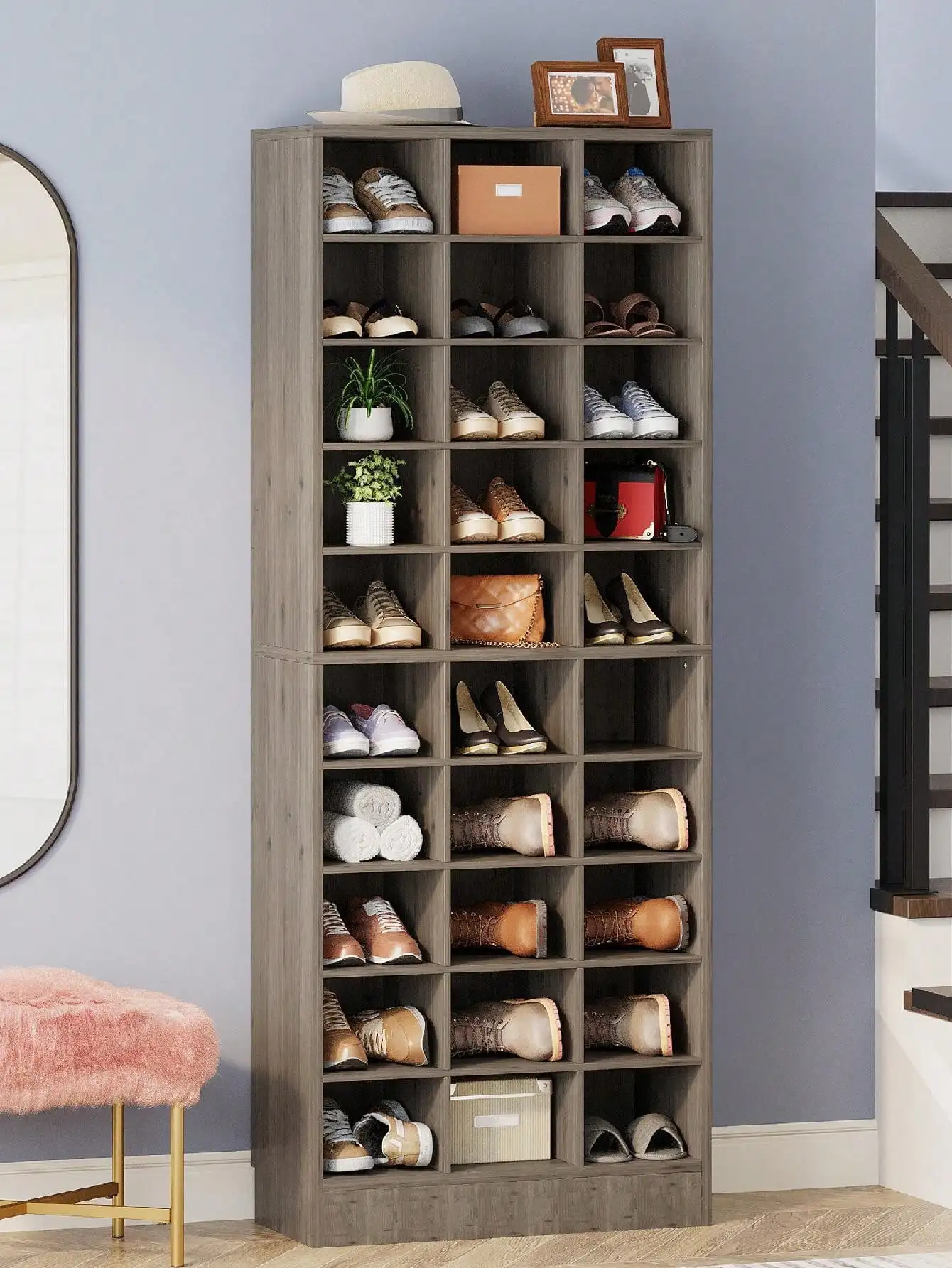 LITTLE TREE 10-Tier Tall Shoe Rack Entryway Shoe Organizer, White Wooden Shoe Storage Cabinet With 30 Cubbies, Free Standing Shoe Organizer For Closet, Entryway, Living Room