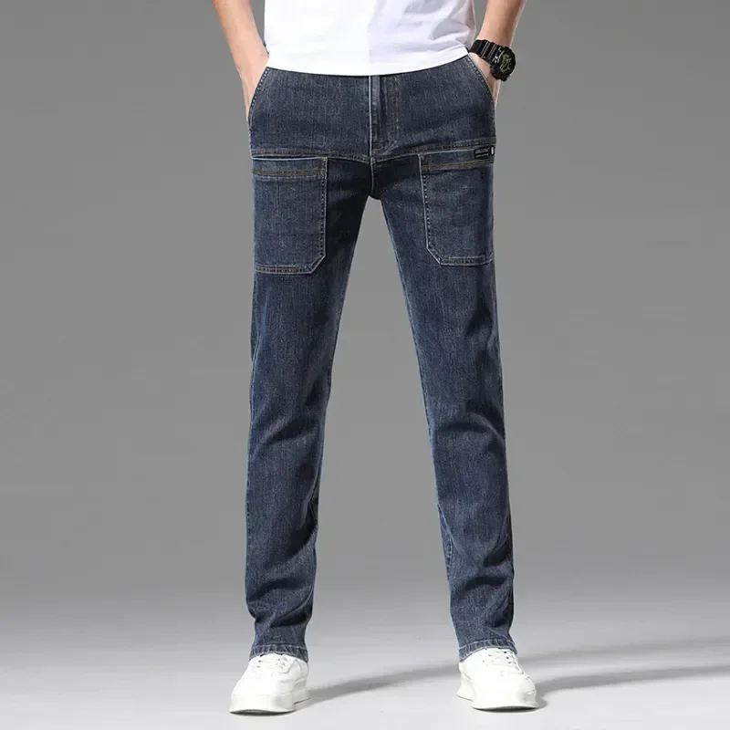 Men Cargo Pants Slim Stretch Jeans Multi Pocket Fashion Streetwear Designer Skinny Male Denim Trousers Brand Clothes Blue Black