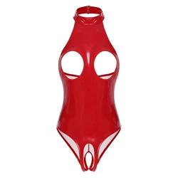 Combinaison sans entrejambe en cuir verni pour femme, dos nu, poitrine ouverte, costume de batterie, catsuit en latex, vêtements de boîte de nuit, costume de fête rave, sexy