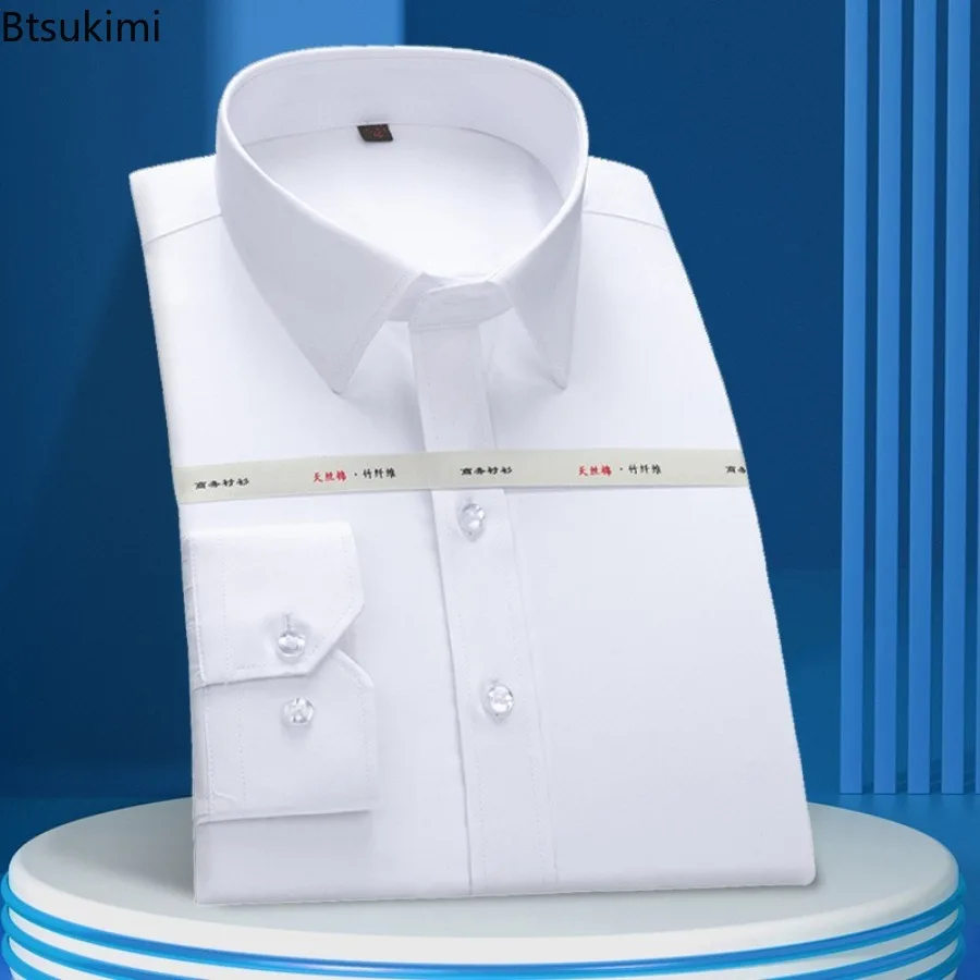 

2025 Men's Solid Color Business Shirt Formal Fashion Thin Classic Basic Casual Slim White Long Sleeve Social Shirt Men Clothes