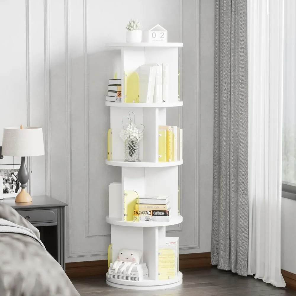 360° Rotating Bookshelf Tower, Round Stackable Storage Display Rack Floor Standing for Kids & Adults Solid Wood, White