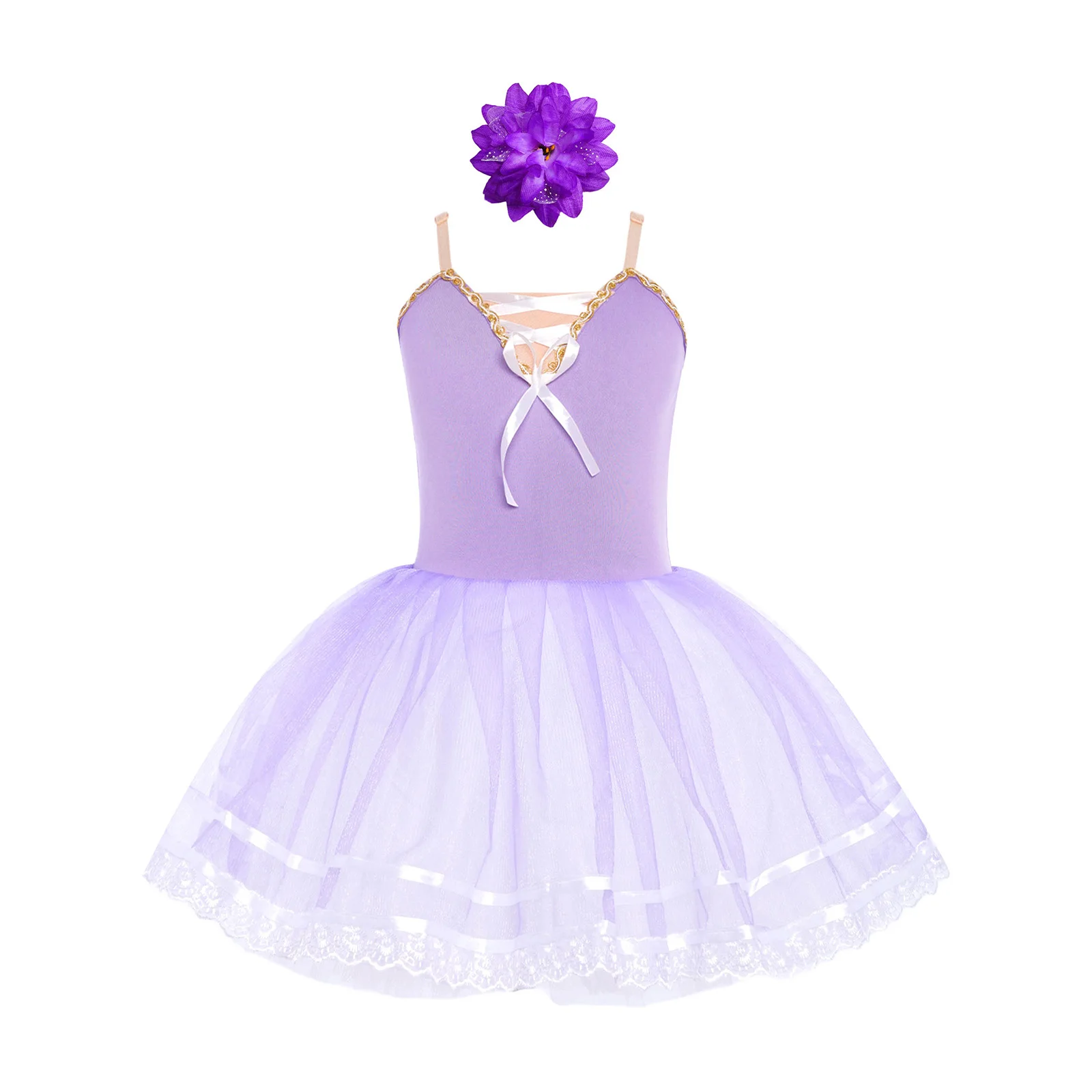 เด็กสาวบัลเล่ต์ชุดแขนกุดปรับสายรัดลูกไม้ Trim Layered Tulle Tutu ชุด + Headwear ชุดเต้นรําเครื่องแต่งกาย