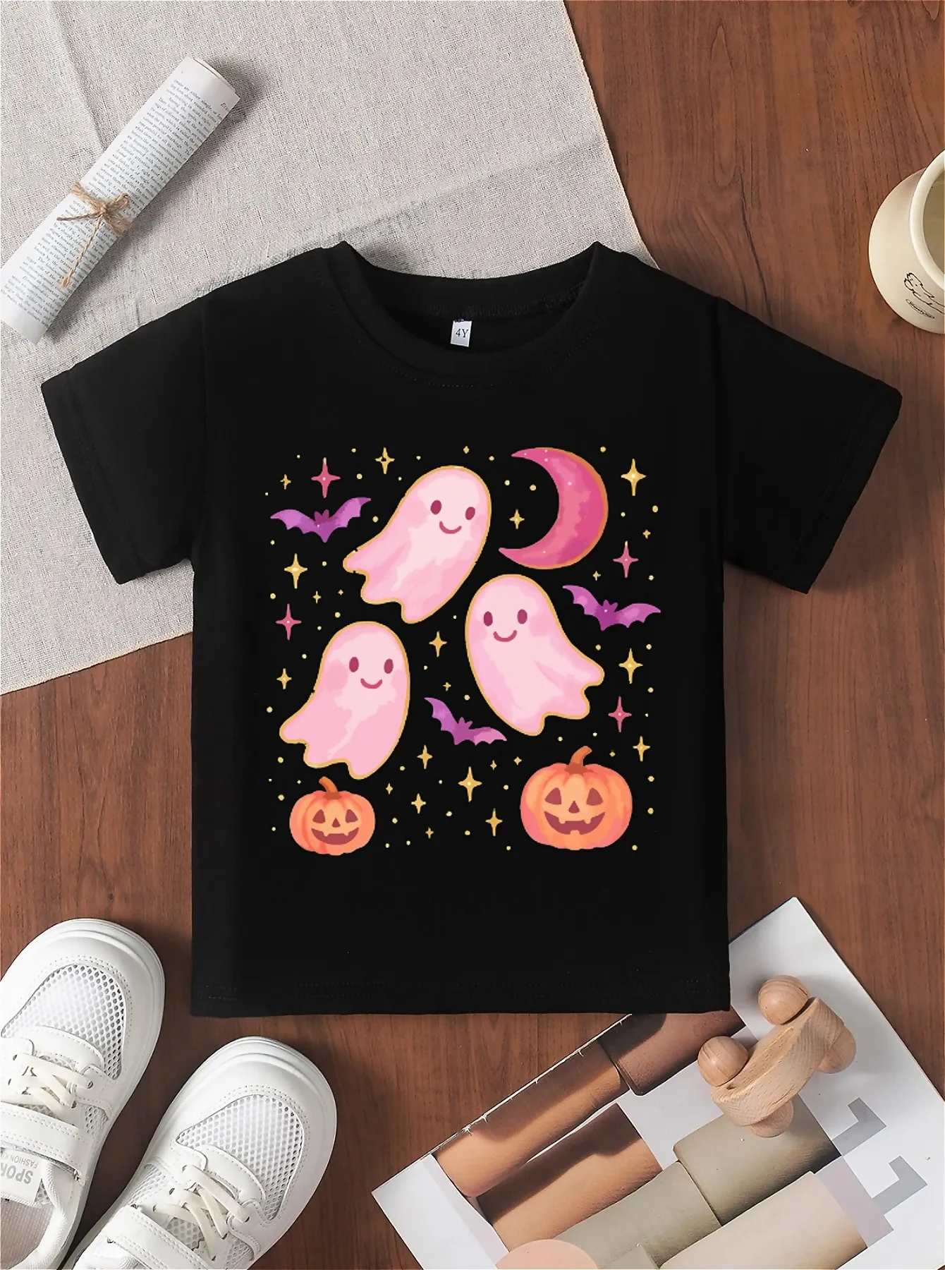 Halloween ghost pattern printed girls' T-shirt with starry background pattern printed casual versatile round neck short sleeved