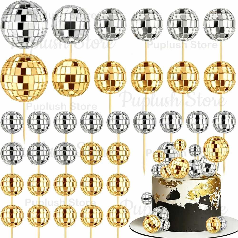 34-teiliges Disco-Kugel-Cupcake-Topper-Set, Spiegel-Silber, Gold, Pink, 70er Retro Kuchendekoration für Disco-Themen-Geburtstagsfeiern – Detail 4