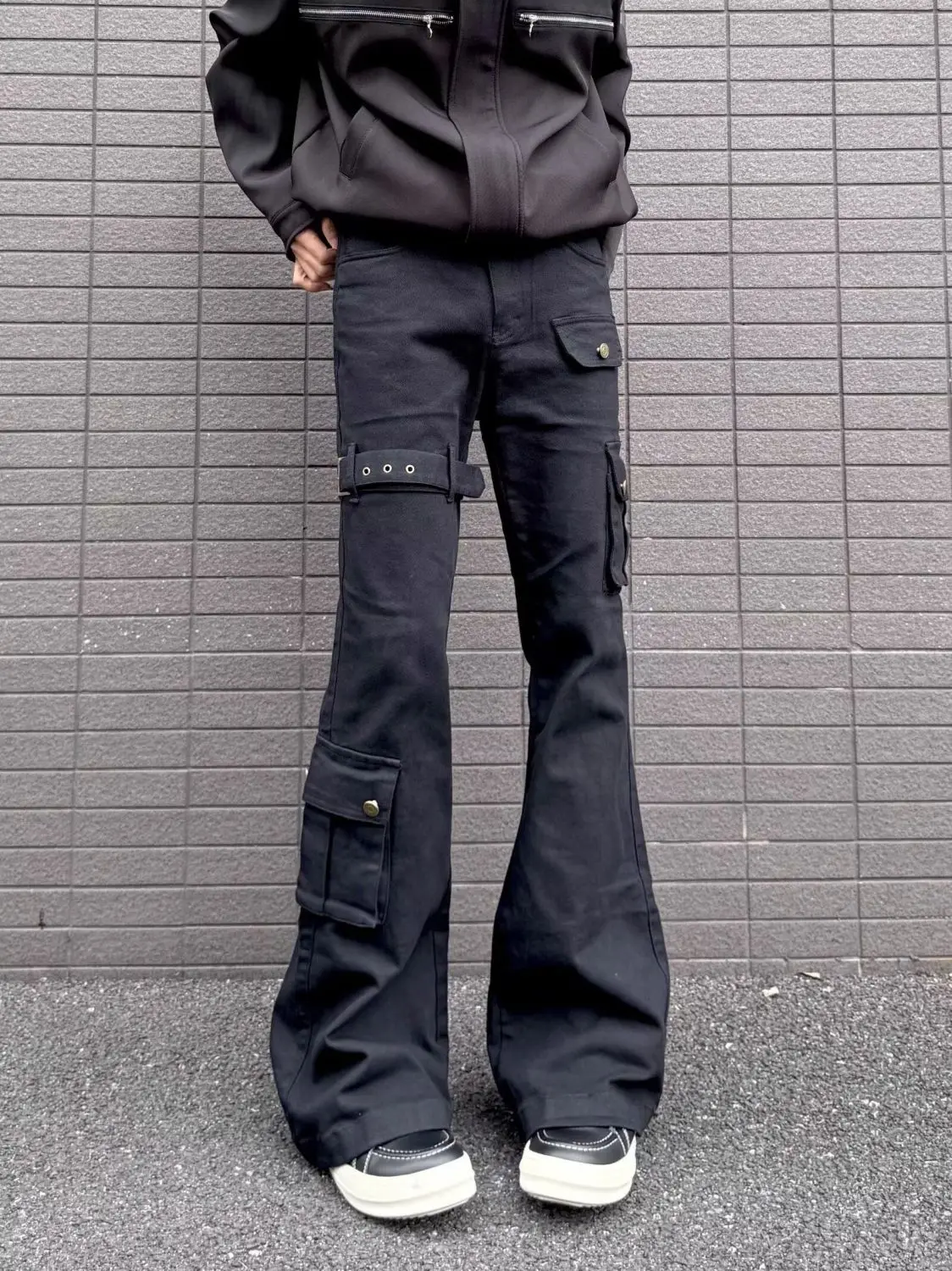 Women’s Vibe Strap Multiple Pockets Micro Flared Pants Vintage Wide-leg Straight Bottom Female Street Style High Waist Trouser