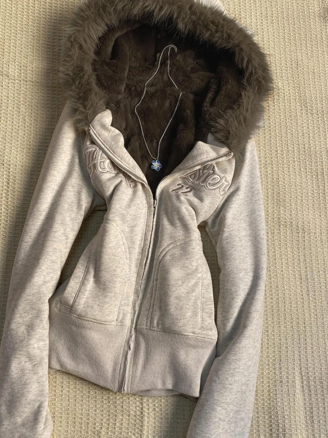 Y2K Retro Letter Embroidered Short Hooded Jacket for Women with Velvet Zipper, Artificial Burrs, Slim Fit and Warm Street Style