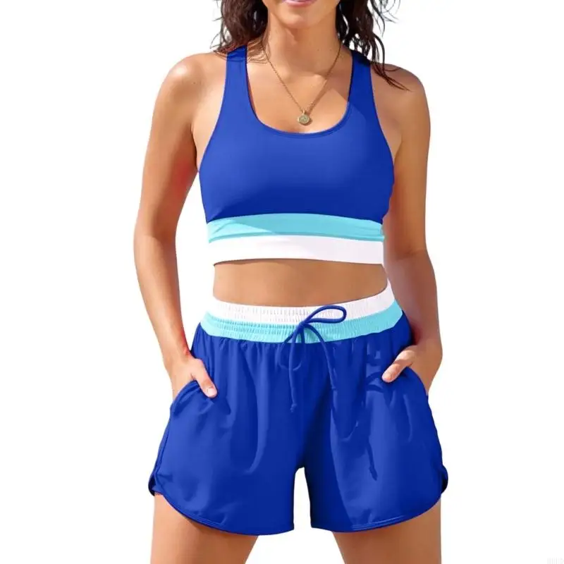 Elegantes Badeshorts-Set, zweiteilig, flexibler Badeanzug, Polyester-Textur, hohe Taille, geeignet zum Sonnenbaden und 69HD – Detail 2