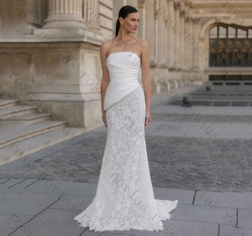 Customized Strapless Wrap Satin Bodice Lace Mermaid Wedding Dress Irregular Waist Design Chapel Train Mixed Fabric Bridal Gown