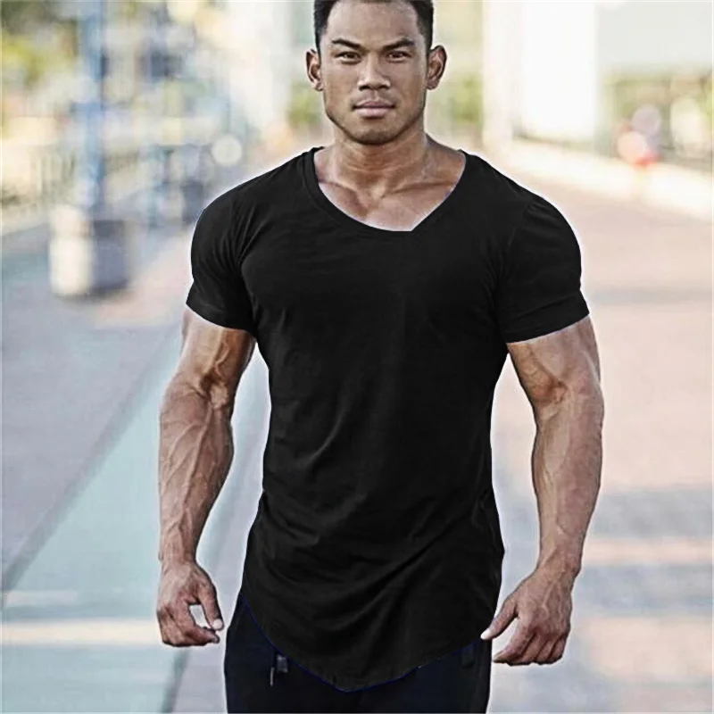 Solid Color Short Sleeve Slim Fit V-neck Shirts Gym Bodybuilding Fitness Muscle T-shirts Mens Workout Muscle Irregular Tee Tops