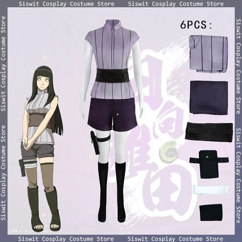 Costume cosplay Hyuga Hinata Set completo Abiti anime Personaggio Accessori per oggetti di scena Vacanza Carnevale Festa vestire Abito viola da donna