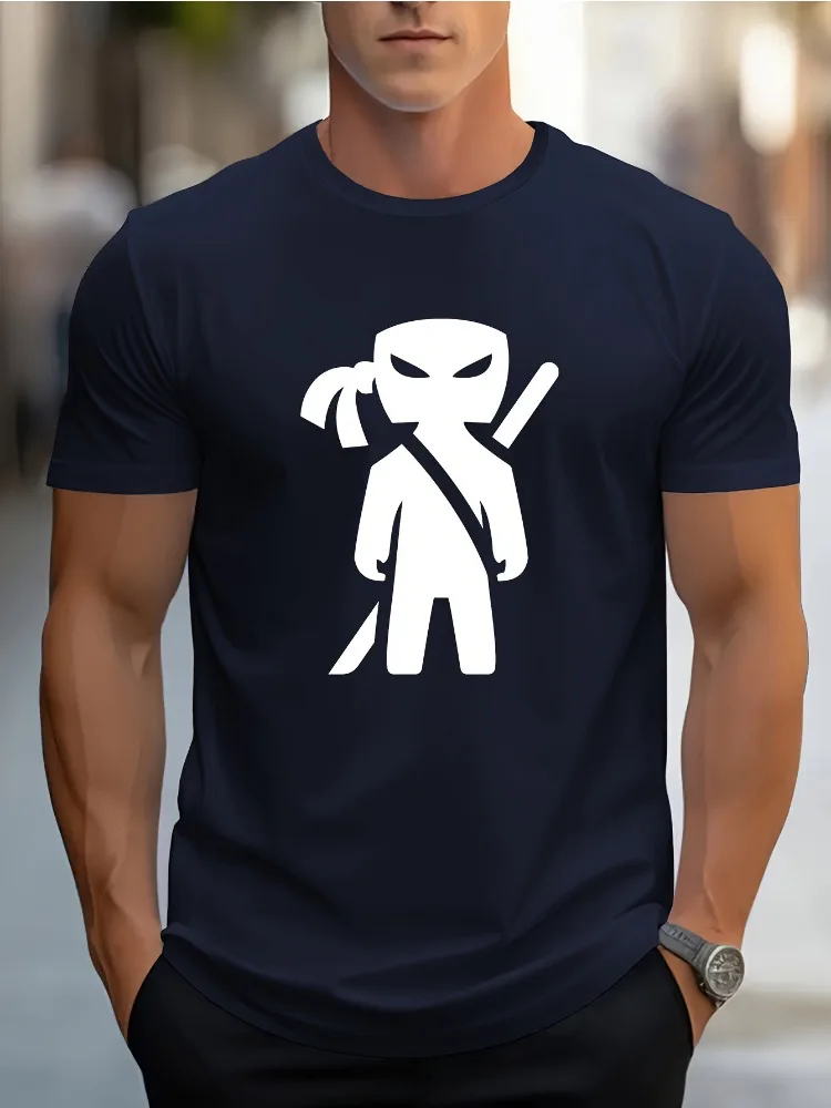 Mens Basic Short Sleeve Cotton Tee Cute Minimal Ninja Samurai Figure Silhouette Print Trendy Street Style Male Daily Wear Top