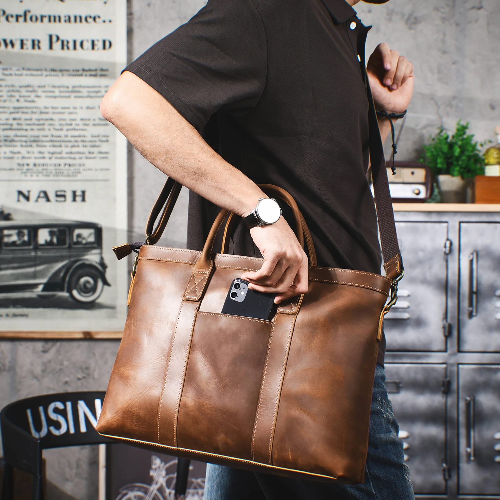 Vintage Echtleder Herren-Aktentasche 16 Zoll Laptop-Taschen Crazy Horse Leder Messenger-Handtasche Rindsleder Geschenkidee für Männer – Detail 3