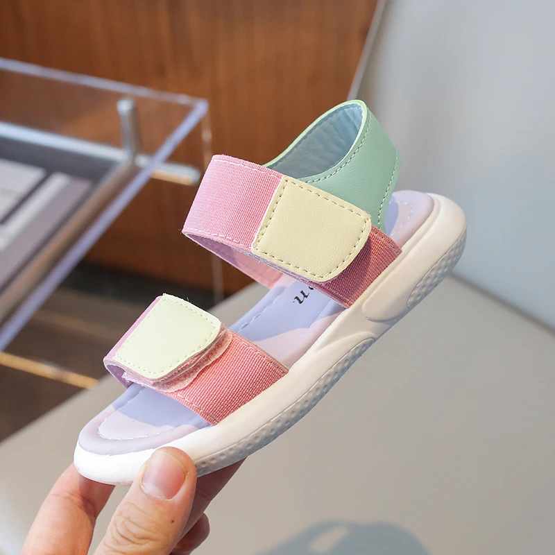 Girls Sports Sandals Mixed-color Decoration Soft Bottom Non-slip Pink Comfortable Velcro PU Upper Open Toe Fashion Kids Shoes