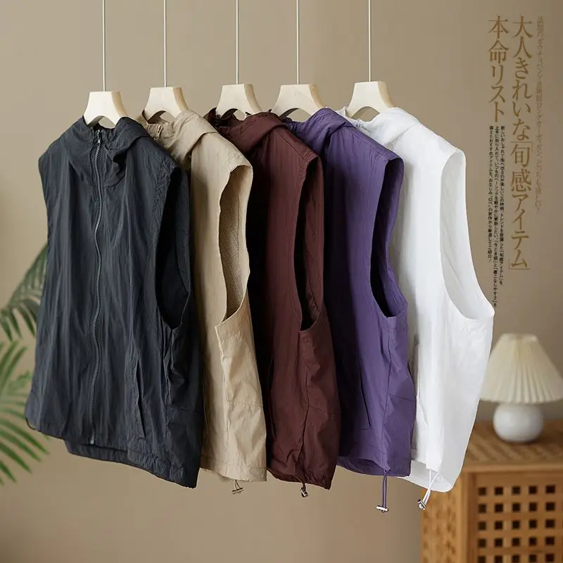 Spring Summer Thin Casual Hooded Vests Women Loose Zipper Solid Commuting Sleeveless Waistcoats Korean Cardigan Sports Coat
