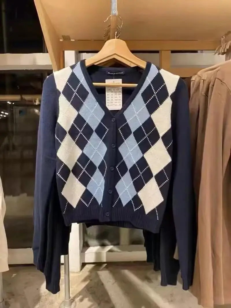 

American College Sle Long Sve V-Ne Sweater BM Versatile Knitted Cardigan Diamond Pattern Commute Sle Spring Season