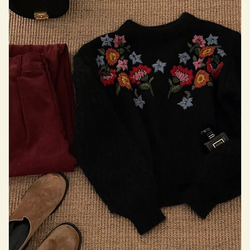 

Harajuku Knitted Cashmere Top Women Classical Embroidery Floral Pullovers Sleeve Autumn Winter Sweater Korean Oversized Tops Y2K