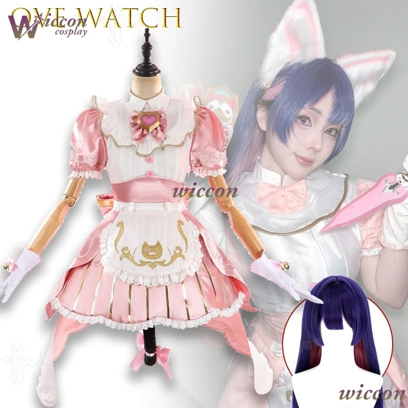 Over-watch Kiriko Cat Cafe Maid Cosplay Pink Cat Ears White Apron Pink Hakama Fox Mask Wig Full Set Halloween Comic Con