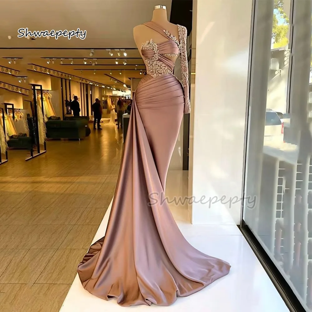 One Shoulder Prom Dress Pleats Ruched Mermaid Evening Dress Lace Appliques Beaded Sexy Formal Dress Customized