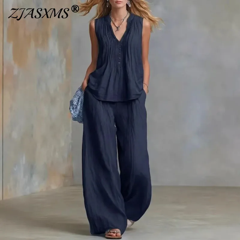 

Women's V Neck Folded Button Top Wide Leg Trousers Suit Spring Solid Loose 2 Piece Sets Summer Sleeveless Pocket Vacation Outfit