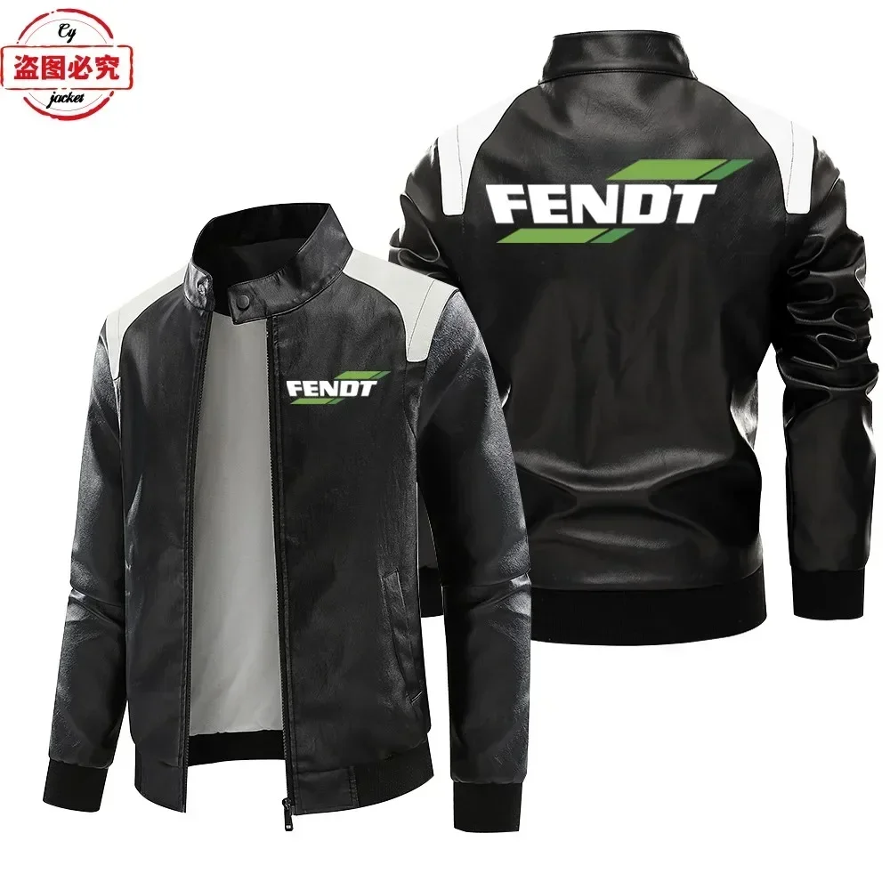 Fendt Tractor Logo Printed Team Workwear Retro Washed PU Leather Jacket Winter Fleece Men's Leather Jacket European Sizes