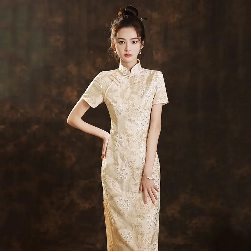 2024-improved-cheongsam-beige-embroidery-short-sleeve-vintage-dress-slim-fit-women-costumes-qipao-chinese-traditional-dress