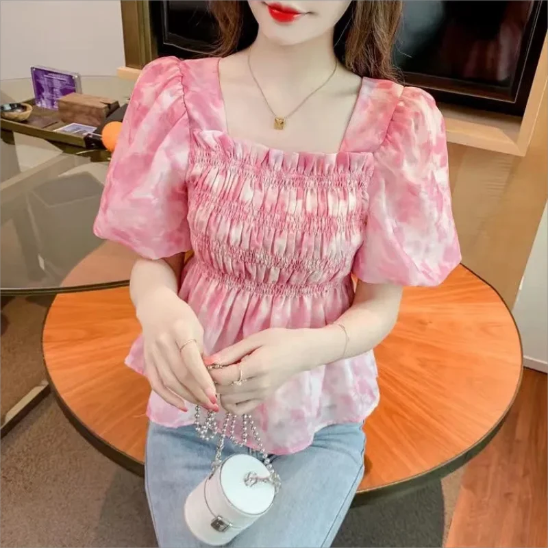 Square Neck Floral Chiffon Shirt Women'S Bubble Sleeves Summer 2024 New Open Collarbone Westernized Fashion Small Shirt Top