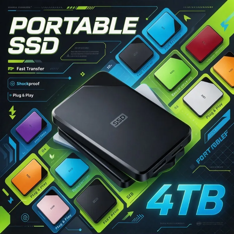 SSD externo portátil de 4 TB, com superfície brilhante, unidade de estado sólido, disponível em várias cores, disco de armazenamento de alta velocidade para portátil, PC, telemóvel e tablet.