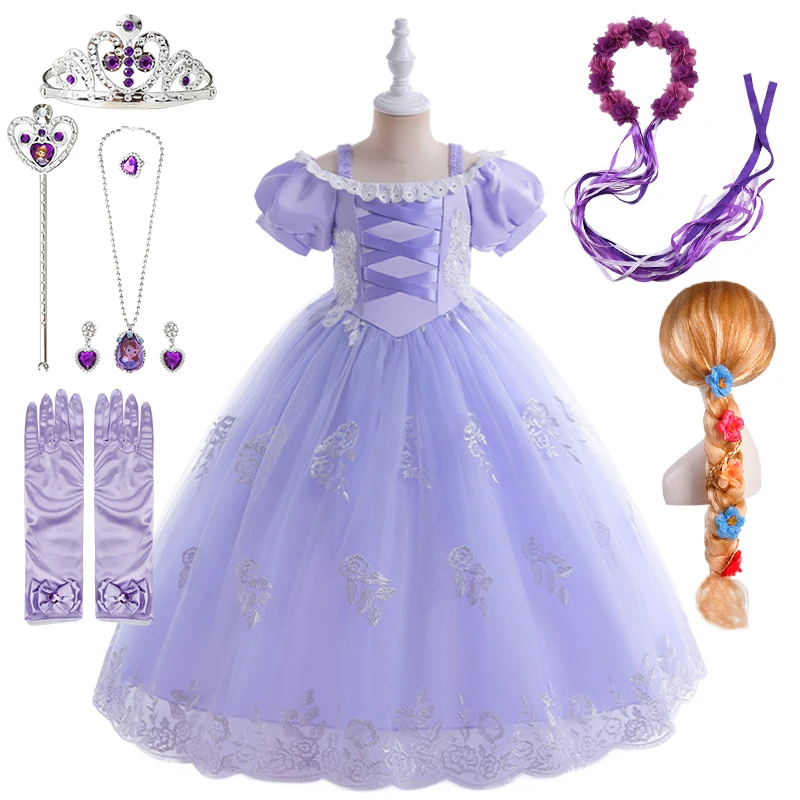 

2023 New Halloween Cosplay Purple Sofia Tangled Princess Dress for Girls Christmas Embroidered Rapunzel Party Masquerade Costume