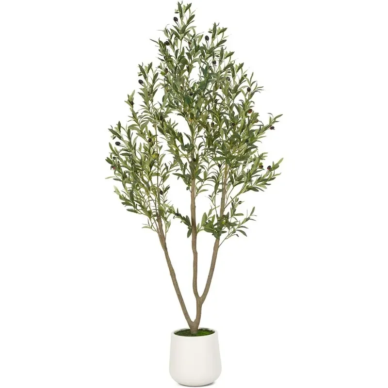 Artificial Olive Tree, 6FT Tall Faux Olive Tree with White Planter, Artificial Plants with Natural Wood Trunk and Lifelike