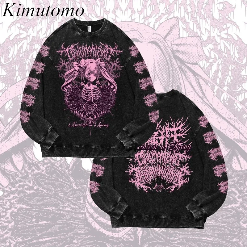 

Kimutomo толстовки женские в стиле панк гранж готический винтаж Y2k эстетический Harajuku с круглым вырезом топы с длинными рукавами женские повседневные