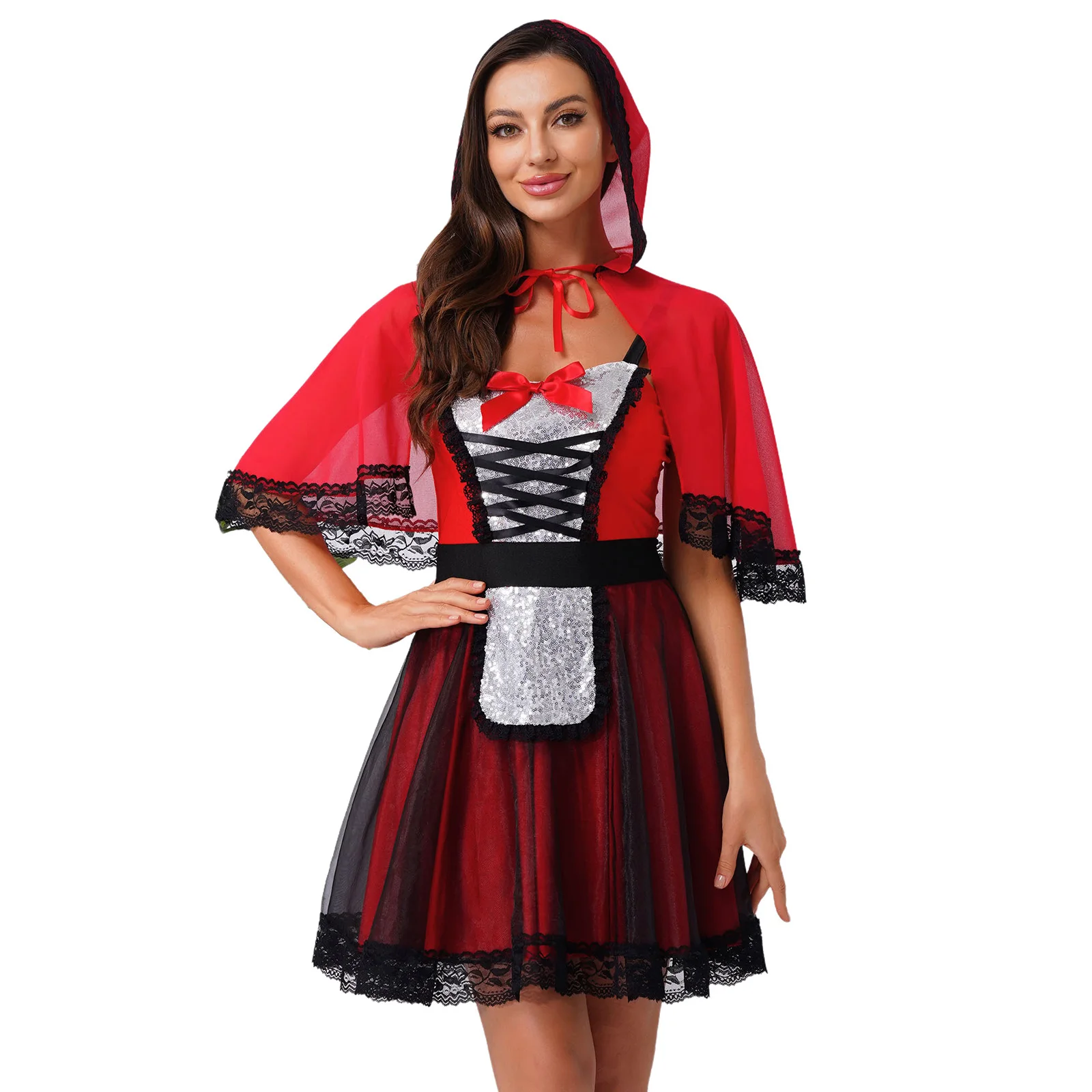 

Women Halloween Bloody Bride Cosplay Dress And Red Hood Cape Bow Sets Carnival Party Fairy Tale Character Role Play Costume