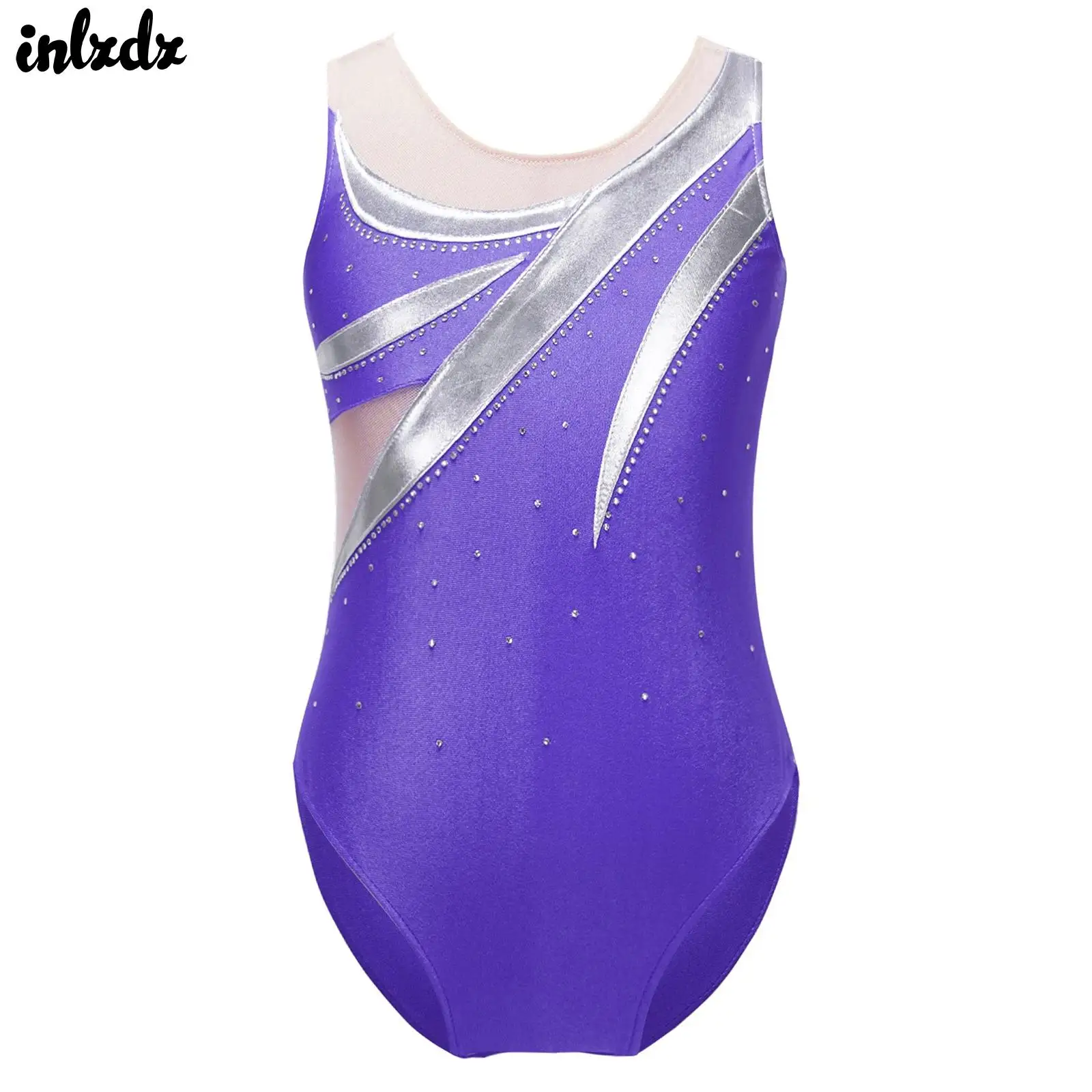 Kids Girls Gymnastics Leotards Ballet Dance Leotards Unitard One-piece Sleeveless Mesh Splice Ballet Athletic Bodysuit Dancewear