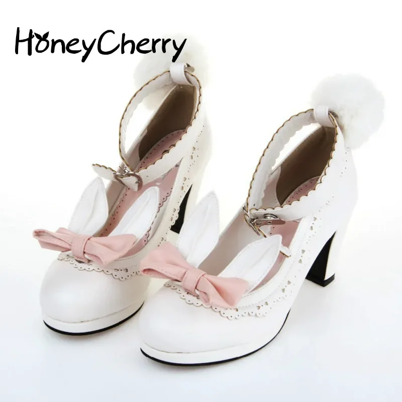 Rabbit Ears Shoes Ribbon Fluffy Pumps Single High Heel Shoes Student Lolita Shoes