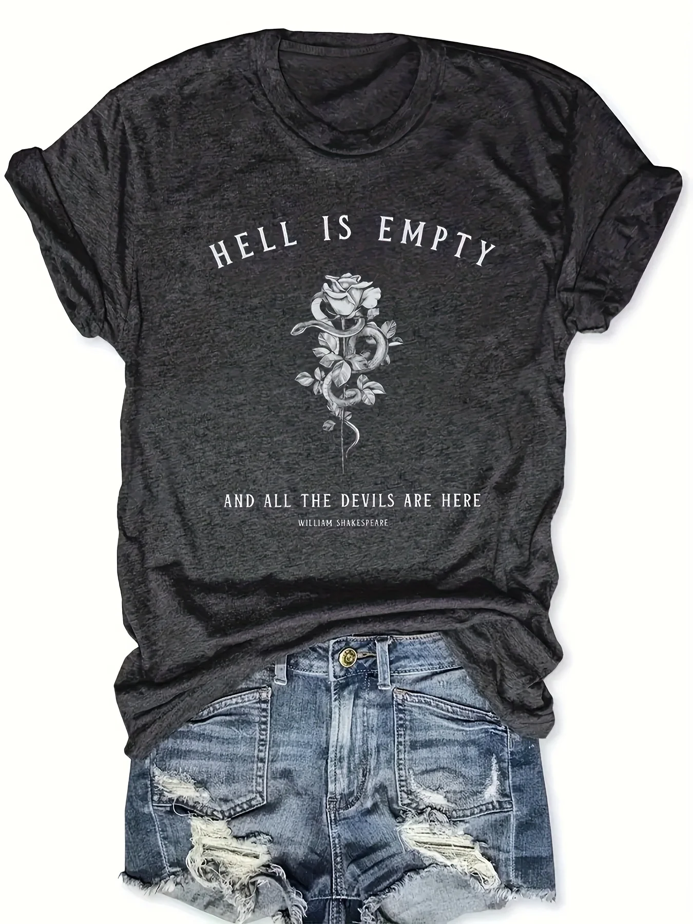 

Plus - Size Women's Dark Gray Short - Sleeve T - shirt, Shakespeare Quote & Rose - Snake Print, Literary & Edgy