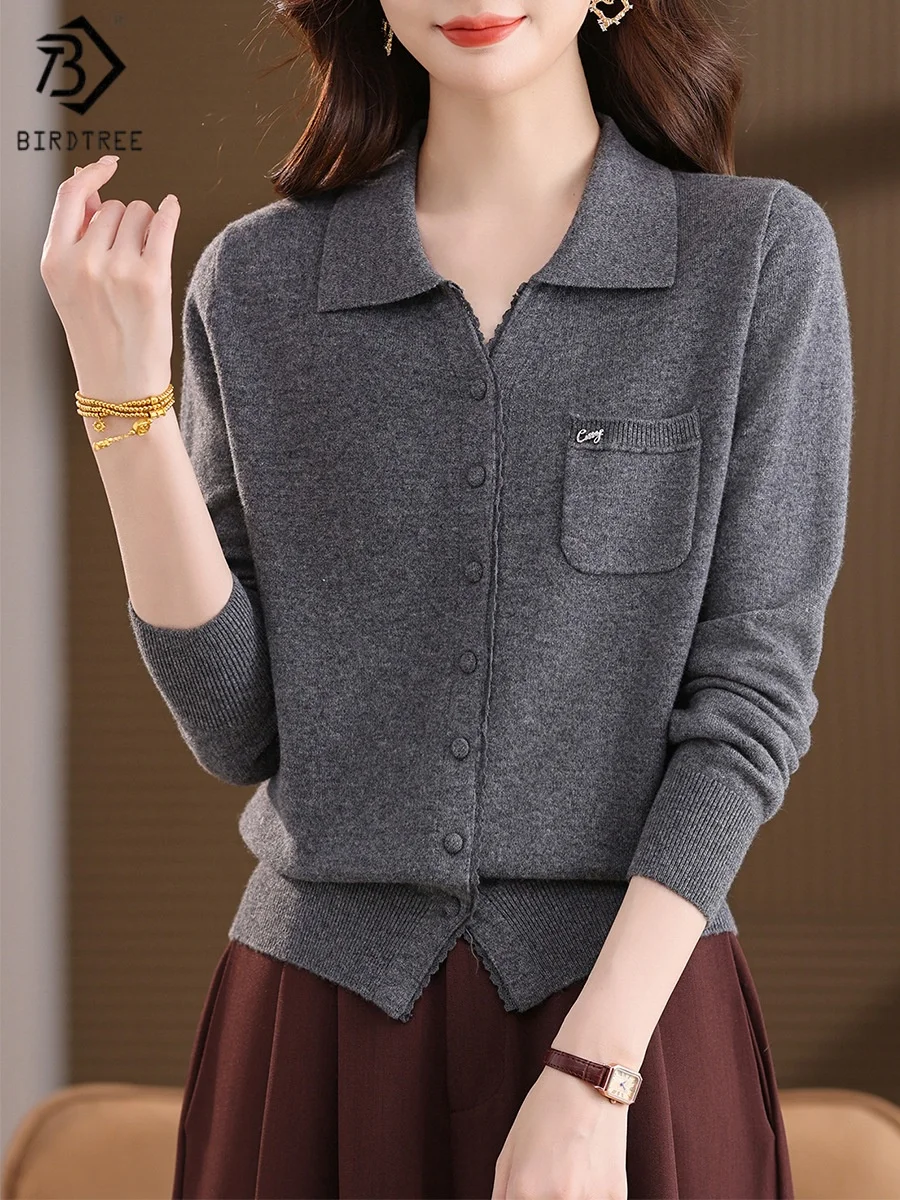 

Birdtree, кардиган из 100% овечьей шерсти, женский однотонный свитер с вязаными лацканами, однобортное, осенне-зимнее пальто 2025, серый, красный T5N307JF
