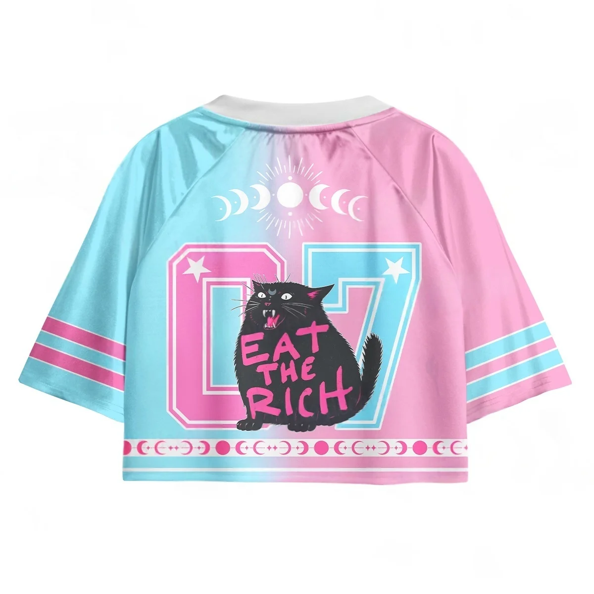 Witchy Lunar Phase Black Cat Print Pink Blue Split Gradient Cropped V Neck Baseball Jersey For Women