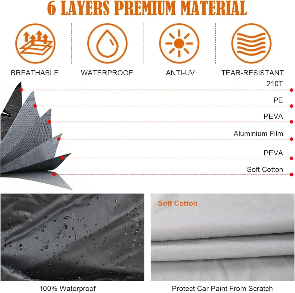 

Водонепроницаемый 6-слойный всепогодный автомобильный чехол с дверцей на молнии и ветрозащитными лентами для защиты от снега, дождя и пыли — универсальная посадка