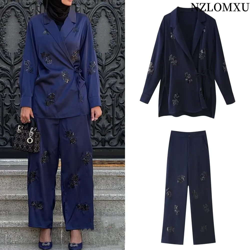 2025 paillettes 2 pièces ensembles femmes tenue paillettes Satin Blazer femmes été pantalon costume taille haute jambe large pantalon ensemble