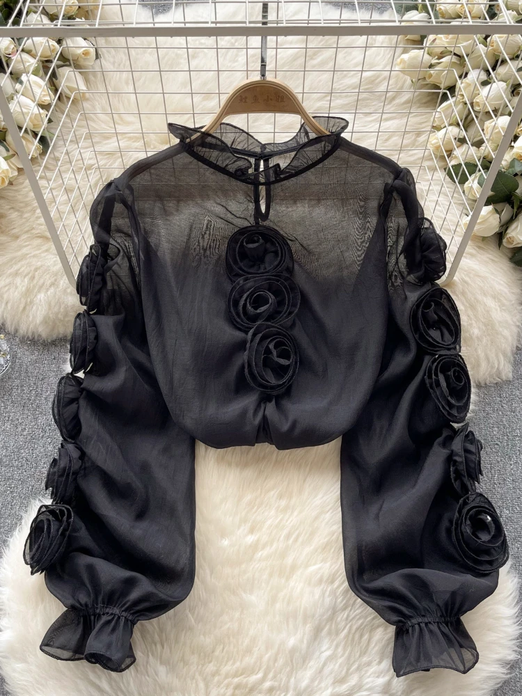 High Quality Organza Women Blouse 2024 Ruffles Neck Long Sleeves Loose Sweet Top Korean Style 3D Floral Sheer Shirt